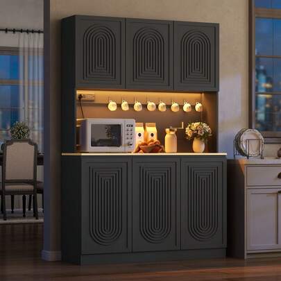 71" Tall Kitchen Pantry Cabinet With LED Light & Outlet, Large Kitchen Hutch With Adjustable Shelf & 6 Doors, Freestanding Buffet Cabinet, Food Pantry For Dining Room, Living Room