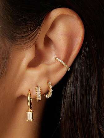 4 件奢华 24K 镀金方晶锆石吊坠耳环女款锆石圈形耳环女款袖口耳环套装