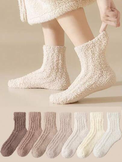 2/4 Pairs Random Solid Color Crew Socks, Warm Thermal Lined, Comfortable For Men, Suitable For Autumn/Winter, Also Great For Loungewear And Couples Sleepwear, Cozy Socks