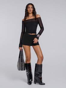 TypaGal Winter Fall Modern Wild Chic New Year Party Retro Elegant Sexy Street Minimalist Black Mesh Off Shoulder Ladies' Solid Color See-Through Long Sleeve Top - Black - View 5