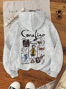 Una sudadera con capucha para mujer, de manga larga, con cordón y estampado de letras y dibujos animados, adecuada para otoño e invierno, camiseta de manga larga - Gris Claro - Ver 6