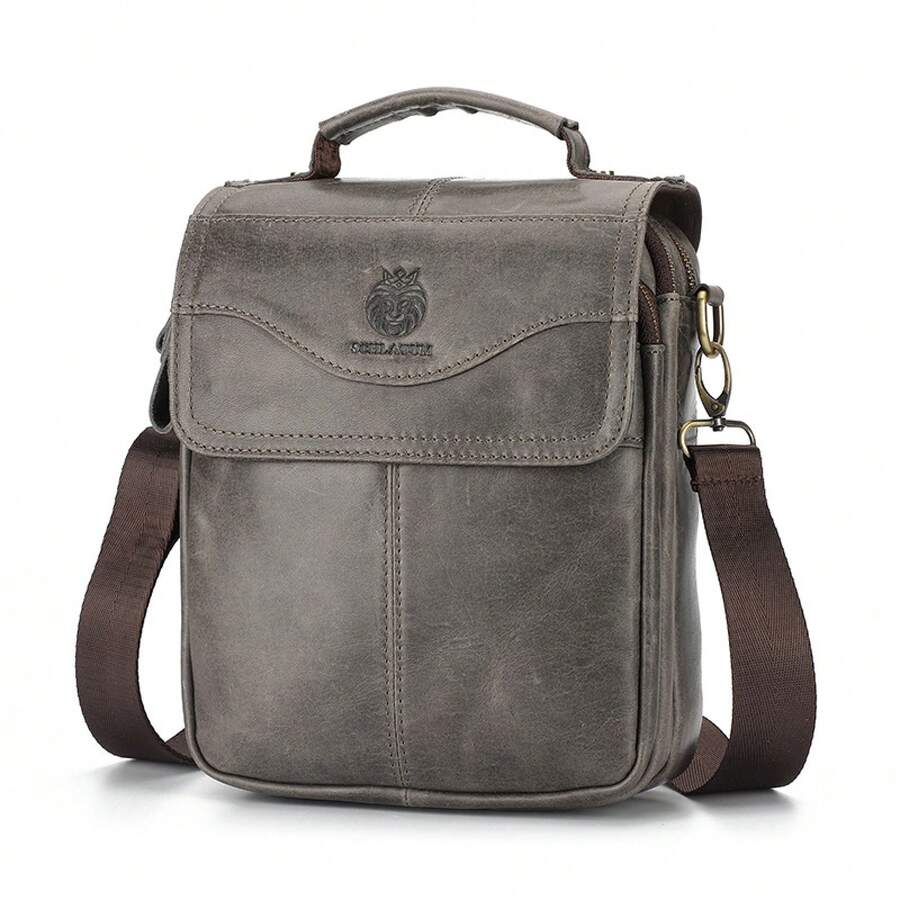 Men's Genuine Leather Crossbody Bag, Top Layer Cowhide Crossbody Bag, Large Capacity Crossbody Bag With Adjustable And Detachable Wide Shoulder Strap - 灰色 - 查看 1