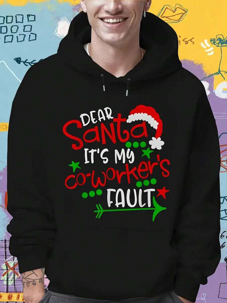 DEARSA Men'S Funny Christmas Couple Matching Hooded Sweatshirt - "Dear Santa It'S My Coworker'S Fault" Graphic Pullover With Santa Hat & Holly Design, Machine Washable Durable Fabric, Regular Fit Holiday Office Party Gift For Coworkers, Casual Winter Apparel, Christma Hoodie Funny, Men Sweatshirt, Graphic Hoodie Men, Men Clothe,Fall Hoodies,Men's Fall Clothes,Street Wear,Halloween,Mens Hoodies,Y2k Clothes,Jesus Hoodie,Thanksgiving Day,Nightmare Before Christmas,Christmas - màu đen - Xem 1