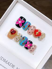 10 Móng Tay Giả Thủ Công Nguyên Chất, Hình Vuông Ngắn, Được Vẽ Tay và Khắc Hình Graffiti Cá Nhân Hóa, Móng Tay Giả Dán Thủ Công. - Nhiều màu - Xem 2