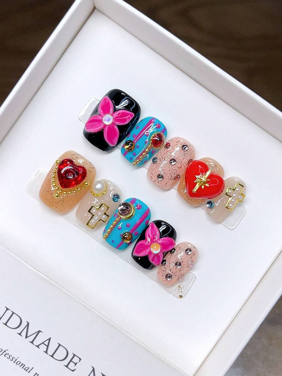 10 Móng Tay Giả Thủ Công Nguyên Chất, Hình Vuông Ngắn, Được Vẽ Tay và Khắc Hình Graffiti Cá Nhân Hóa, Móng Tay Giả Dán Thủ Công.