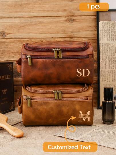 1pc Men's Personalized Leather Toiletry Bag, Groomsman Gift, Christmas Gift For Him, Travel Organizer, Leather Accessory, Anniversary Gift, Men's Christmas Present