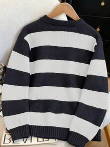 男童及青少年宽松加厚针织毛衣，黑白条纹撞色长袖套头衫，适合秋冬季上学及休闲穿着。 - 白色 - 查看 2