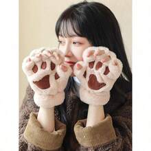 1 Pair Of Cute Cat Claw Fingerless Gloves, Thick, Warm, And Cold Resistant Plush Gloves, Suitable For Daily Use By Winter Girls, With A Rope - Beige - View 9