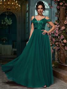 Women's Elegant Party Romantic Mesh Embroidered Evening Dress, Wedding Guest Formal Maxi Party Gown, Prom, Graduation, Wedding Reception - Dark Green - View 4