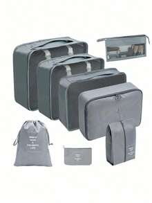 9pcs/Set Travel Luggage Organizer Set - Foldable Packing Cubes, Zipper Closure Storage Bags, Compression Pouches For Clothes, Shoes, Cosmetics, Underwear, Makeup, Accessories - Grey - View 20
