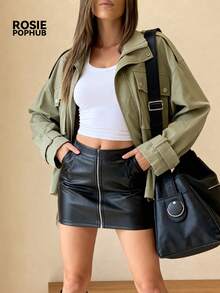 Veste style de rue verte pour femmes Rosie Pophub | Coupe-vent court en fibre de polyester avec col cranté, cordon de serrage à la taille et poches, décontracté pour le printemps/été, nouvelle arrivée - Militaire verte - Voir 3