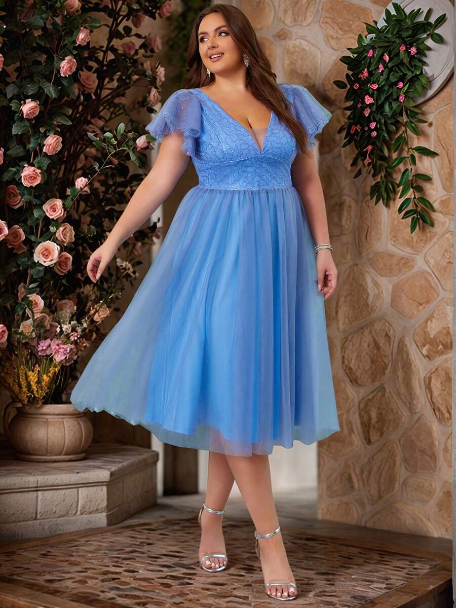 Damskie sukienki plus size z cekinami i siateczką, eleganckie, patchworkowe, na imprezę, balowe, półformalne sukienki koktajlowe dla gości weselnych - Królewski Niebieski - Zobacz 1