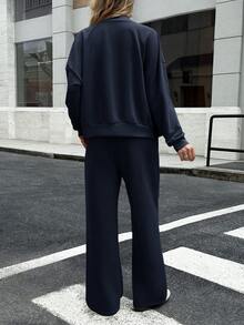 GAOVOT 女装卫衣两件套秋冬休闲通勤街头立领开衫外套宽松阔腿直筒裤套装 - 藏蓝色 - 查看 2