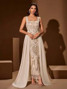 Elisanya Đầm dài không tay màu trơn cổ vuông, thêu họa tiết cầu kỳ, đính cườm và sequin dành cho nữ, thích hợp cho các dịp trang trọng, tiệc chiêu đãi, liên hoan, lễ đính hôn. - Màu be - Xem 1