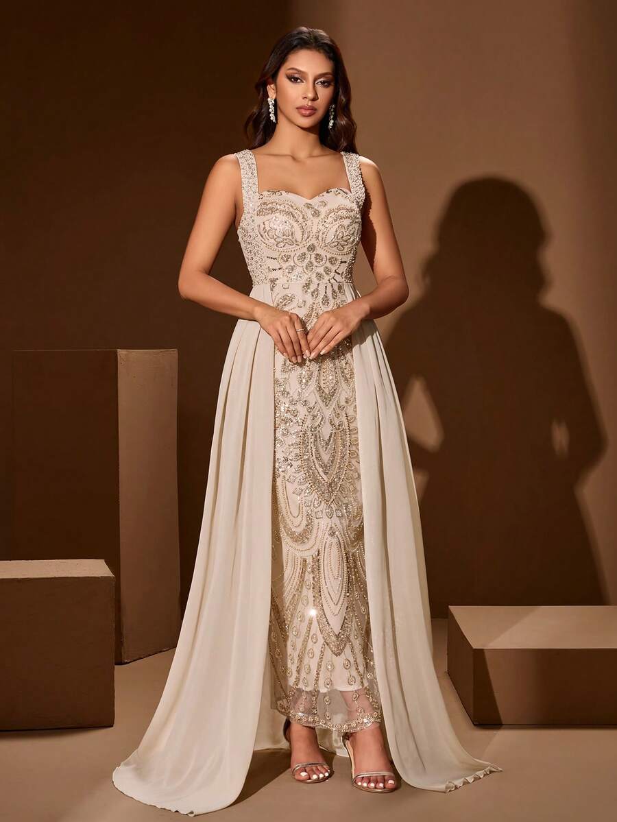 Elisanya Đầm dài không tay màu trơn cổ vuông, thêu họa tiết cầu kỳ, đính cườm và sequin dành cho nữ, thích hợp cho các dịp trang trọng, tiệc chiêu đãi, liên hoan, lễ đính hôn. - Màu be - Xem 1