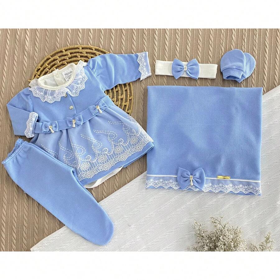 Maternity Outfit With 6 Pieces In Knitted Fabric – Dress, Bodysuit, Blanket, Gloves And Tiara, Size RN - Màu xanh nhạt - Xem 1