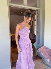 Bohemia Women's Elegant Backless Long Skirt Sleeveless High Waisted Pleated Ruffle Party Dance Evening Gown - 紫色 - 查看 3