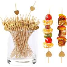 50/10/100/200pcs, 12cm Heart-Shaped Bamboo Skewers For Cupcakes, Fruit, Party Desserts, Salads, Cocktails, Wedding Decoration, Gold Heart Cocktail Picks, Sandwich & Appetizer Bamboo Toothpicks, Summer Party Supplies - Gold - View 1