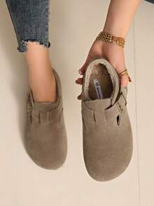 新款秋季时尚乐福穆勒拖鞋，毛绒鞋 - 卡其色 - 查看 1