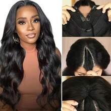 Parrucca da donna con parte a V e onda del corpo, densità 200%, calotta in rete rosa, capelli umani brasiliani, parrucca festiva realizzata a macchina, facile da installare, diverse lunghezze disponibili, - Upgrade V Part Wigs - Natural Black - Visualizzare 10