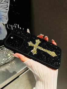 1pc Black Crystal Cross Luxury Vintage Gothic Style Phone Case For ICover 17 Pro Max - Gold - View 4