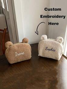 Personalized Cute Plush Bear Ear Makeup Bag For Girl, Soft Fleece Cosmetic Pouch With Zipper, Large Capacity Travel Toiletry Bag, Portable Makeup Organizer, Storage Bag For Daily Use, Gifts, And Travel Essentials, Cute Gift For Girls - Multicolor - View 2