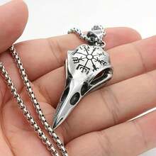 Plated 925 Silver Chain Pendant, Odin's Rune Amulet, Men's Punk Style Crow Skull Pendant Necklace, Viking Jewelry - 白色 - 查看 1