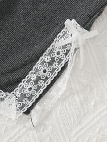 2 件套女婴休闲时尚灰色和黑色针织连帽衫上衣，蝴蝶结印花和蕾丝边开衩裤套装，春秋 - 深灰色 - 查看 9