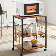 3-Tier Kitchen Bakers Rack, Utility Serving Cart, Multifunction Microwave Oven Stand, Baker's Rack With Storage Shelf And 10 Hooks - 黑色 - 查看 1