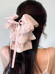1 Presilha de Cabelo Grande em Tecido com Estampa Floral Preta e Branca - Presilha Elegante para Cabelo, Acessório de Inverno, Laço de Cabelo para o Verão - Rosa - Ver 4