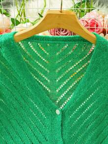 Elegant Women's V-Neck Long Sleeve Cardigan Sweater, Button Design, Casual Style, Suitable For Daily Wear - Early Autumn Solid Color Polyester Ribbed Button Cable Knit Women Sweater Cardigan, Spring/Autumn - Mint Green - View 4