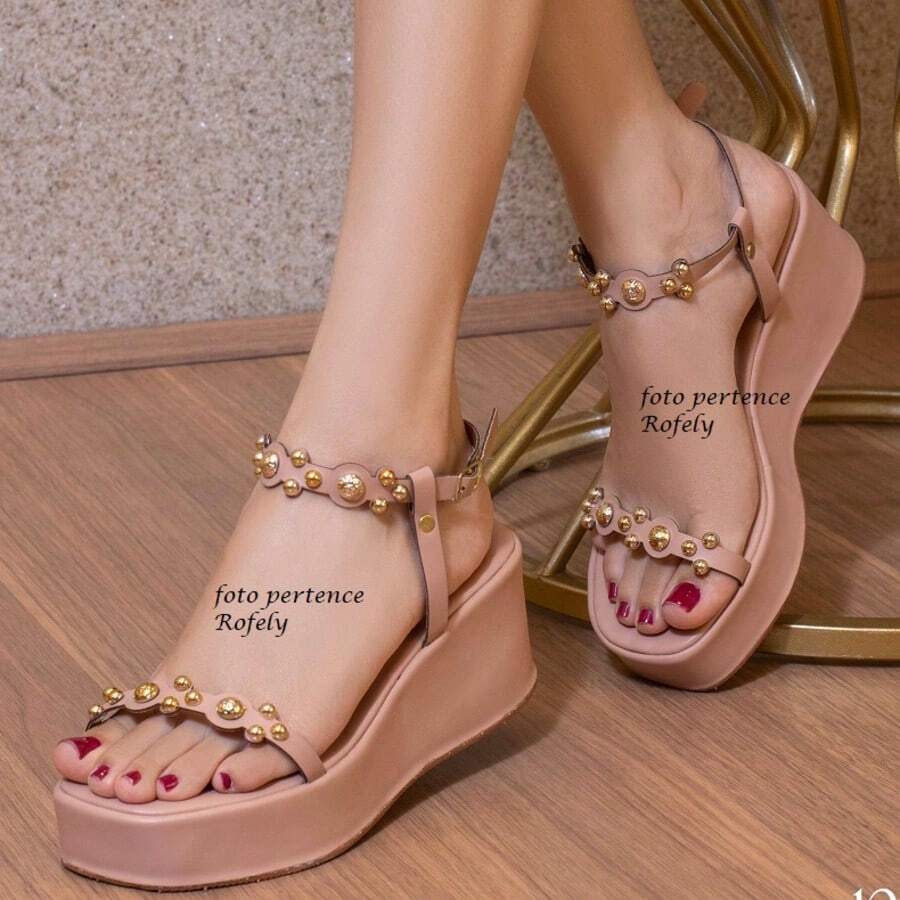 Comfort Sandal Platform Wedge Flat Papete ABS Detail 2 Straps Bohemian Y2K PU Leather Chain Office Party Wedding Home - 裸體 - 查看 1