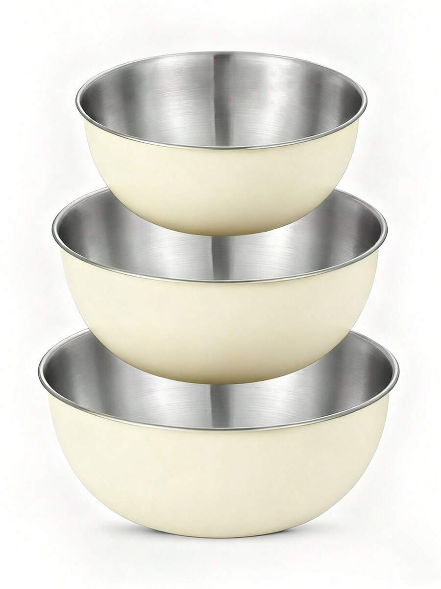 Powcan Stainless Steel Mixing Bowl Set, 3-Piece Nesting Bowls For Cooking, Baking, Salad, And Meal Prep | Stackable Design, Easy To Clean, Durable And Versatile For Kitchen Use - Off-white-3-piece Set - View 1
