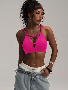Women's Black Wireless Criss-Cross Knit Sports Bra - Hot Pink - View 4