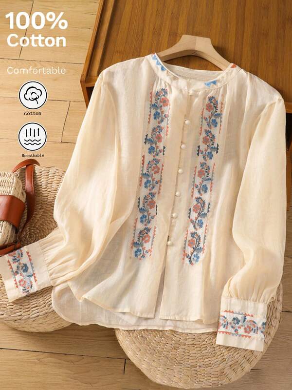 Women's Vintage Embroidered Loose Boho Plus Size Blouse, Spring Fall Casual Cotton Plus Size Tops