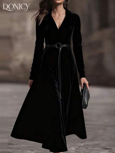 DONICY Damen einfarbiges Samt-Maxikleid mit V-Ausschnitt und Taillengürtel, modisch-retro elegantes Luxus-Schwarzkleid, geeignet füLässigal, Business, Formal, Date, Party, Weihnachten, Neujahr