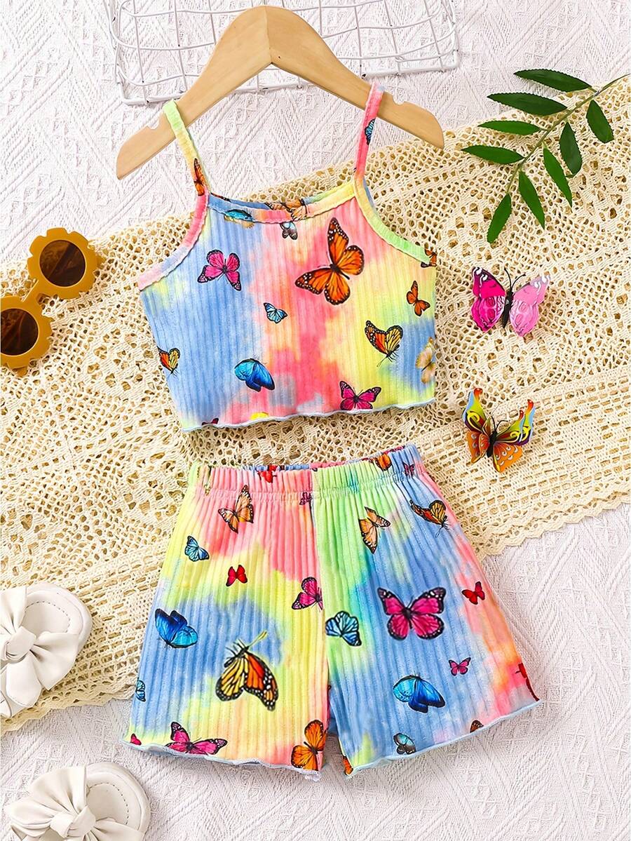 女童可爱蝴蝶印花扎染无袖背心和短裤套装，夏季新款休闲服装套装，花卉印花吊带背心婴幼儿服装 - 彩色 - 查看 1