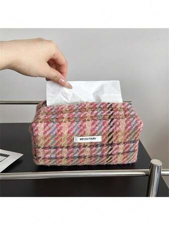 韩版粉色格子布针织化妆包纸巾盒车载收纳整理器便携日用纸巾盒