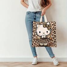 Leopard Print Tote Bag | Polyester, Large Capacity, Cute Cartoon Design With Bow & Leopard Print Dress, Perfect For Daily Use Or Travel, Casual Style, Hand Wash Only, Sturdy Handle Bag - Multicolor - View 4