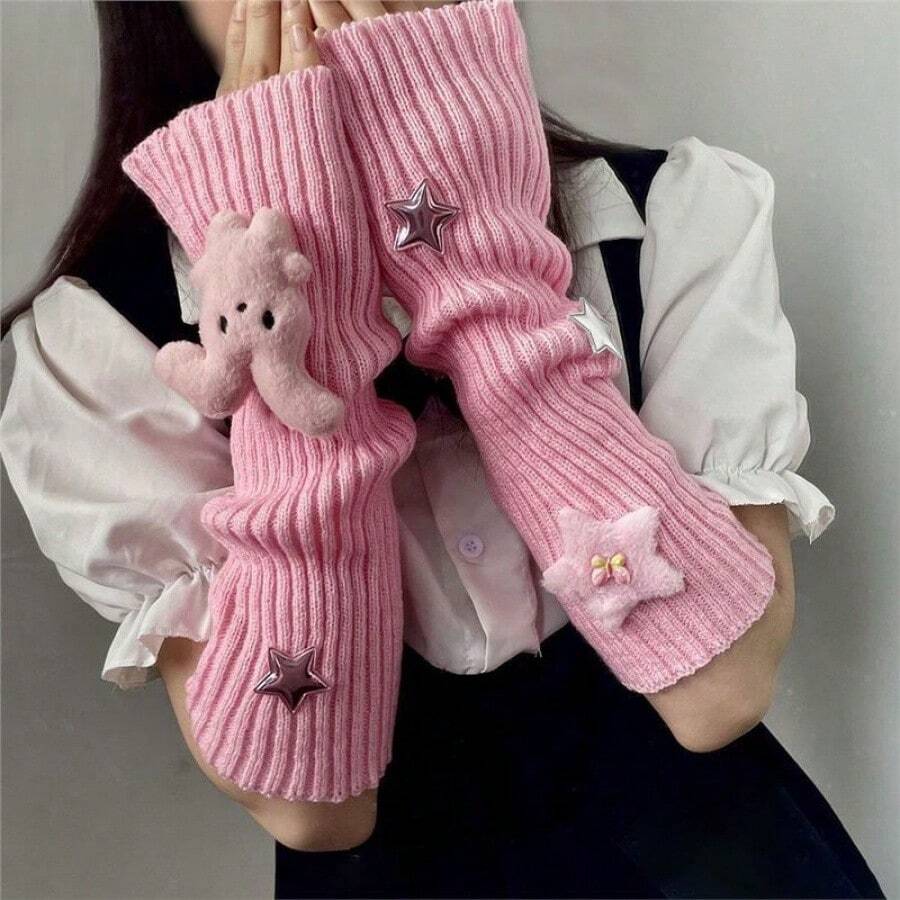1 Pair Rabbit Star Knitted Pile Socks Cute Fold Ears Rabbit Striped Knitted Sleeves Y2k Millennium Style Sleeves - White Rabbit Star - View 1