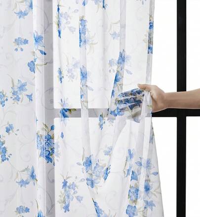 4 Pieces Of Floral Pattern Semi-Transparent Curtains, Suitable For Living Room, Bedroom, Office Decoration, Bedroom Light-Filtering And Breathable, Plant Natural Pattern 84inch Length