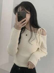 露肩不对称露肩系带蝴蝶结设计百搭针织毛衣，女士 - 米色 - 查看 7