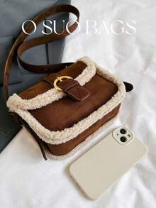 1pc Mini Fuzzy Deer Faux Fur Shoulder Bag, Cute Fluffy Magnetic Flap Small Square Bag For Winter - Coffee Brown - View 6