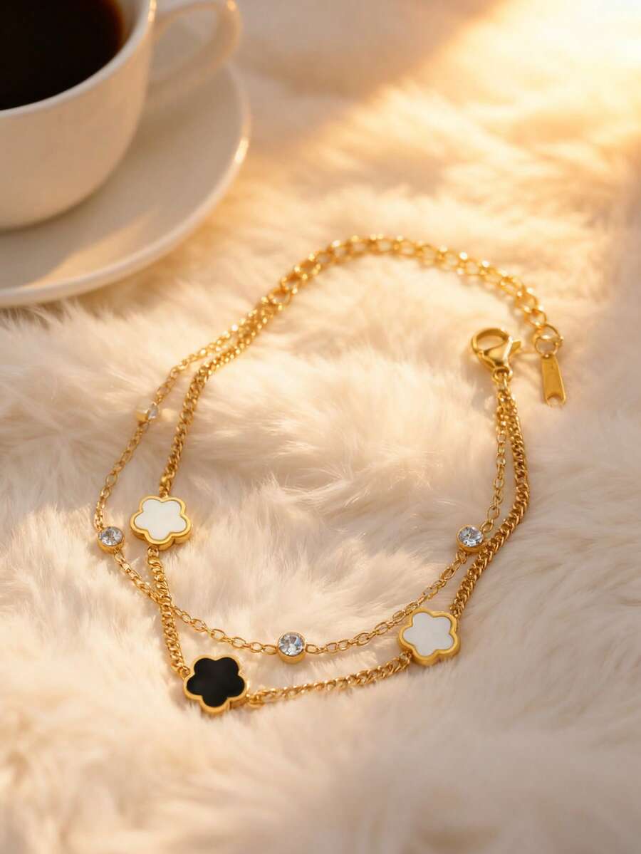 1 件不锈钢金色五瓣花和贝壳多层手链，简约风格，适合女士