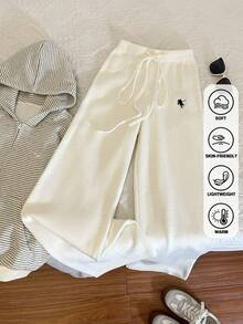 Women's Casual Oversized Rib Knit Embroidered Detail Wide Leg Trousers,Drawstring Solid Color Knitted Loose Pants, Autumn/Winter Cosy Coffee Club Winter Christmas - White - View 8
