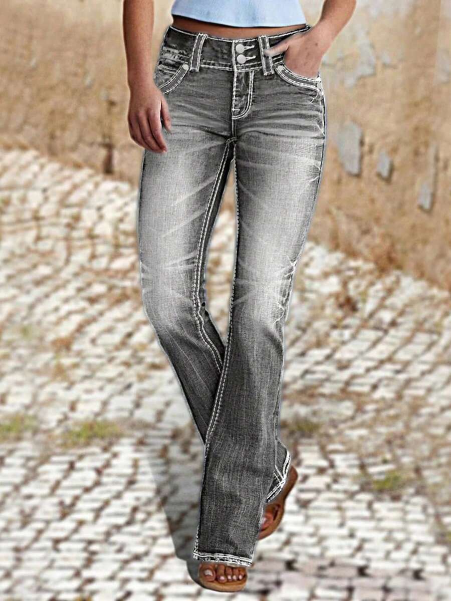 Quần jeans nữ ống loe dáng ôm, có túi trước, thích hợp cho kỳ nghỉ xuân. - Xám - Xem 1