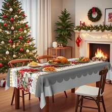 1 pièce Nappe avec motif d'arbre de Noël et floral, réutilisable et lavable, convient pour l'intérieur, le camping en plein air, le pique-nique, les fêtes de Noël, la décoration de la maison - Multicolore - Voir 4
