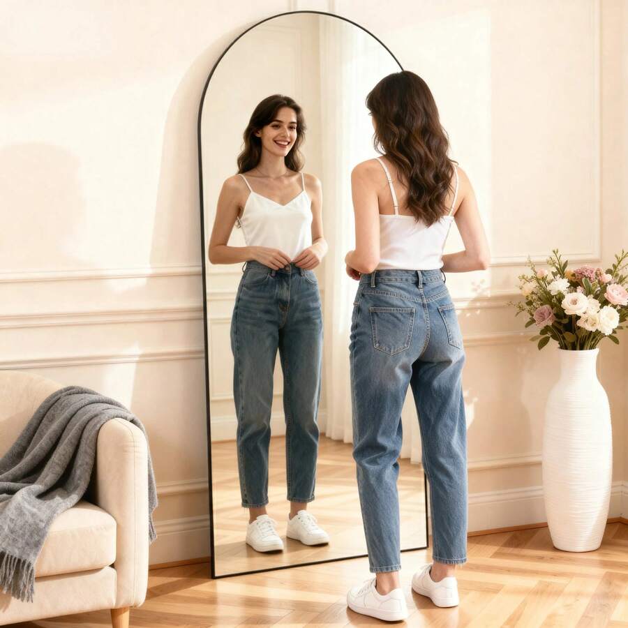 Vortisys Multifunctional Standing Mirror, 164*61cm, Wall-Mountable Full-Length Mirror With Foldable Stand, Black Curved Design, HD High-Definition Glass, Aluminum Alloy Construction, Shatterproof Decorative Mirror - màu đen - Xem 1