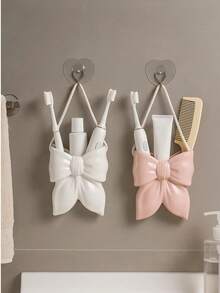 1pc Pink & White Bow Toothbrush Holder, Bathroom Countertop Toothbrush Storage Rack, Cute Bathroom Decor, Best Friend Gift, Women's Gift, Housewarming Gift - Multicolor - View 6