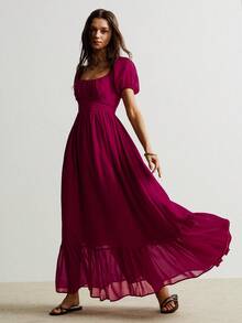 Rusttydustty 女士优雅休闲收腰红色雪纺长袖荷叶边连衣裙，适合新年、情人节等场合